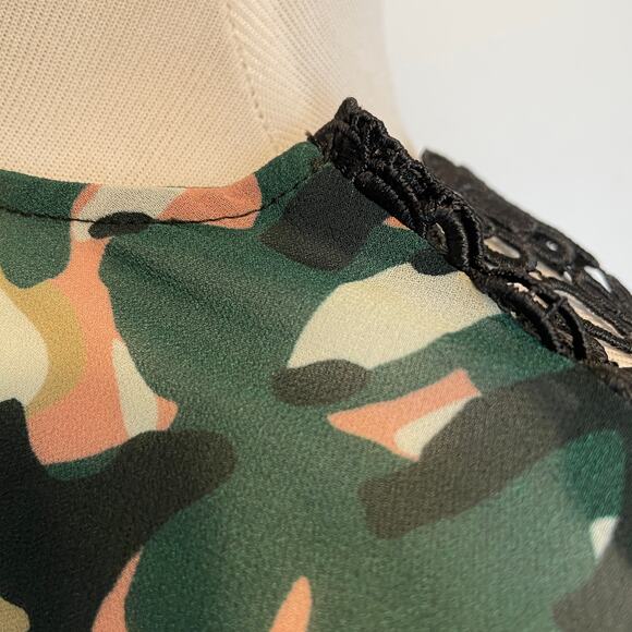 Laurèl by Escada Camo Maxi Dress Women's Small Green Pink Smocked Crochet Lace - Picture 8 of 10